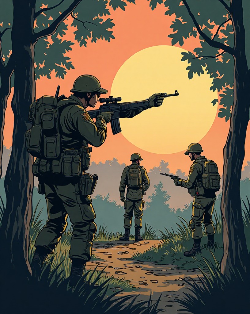 A rugged rifleman officer pointing out targets to his men from cover.