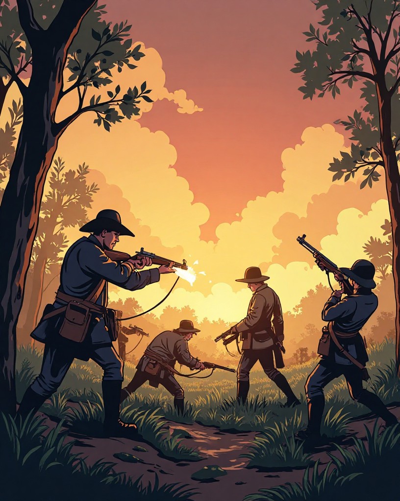 A smoky clash at a farm field's edge, riflemen firing from the woods at redcoats.