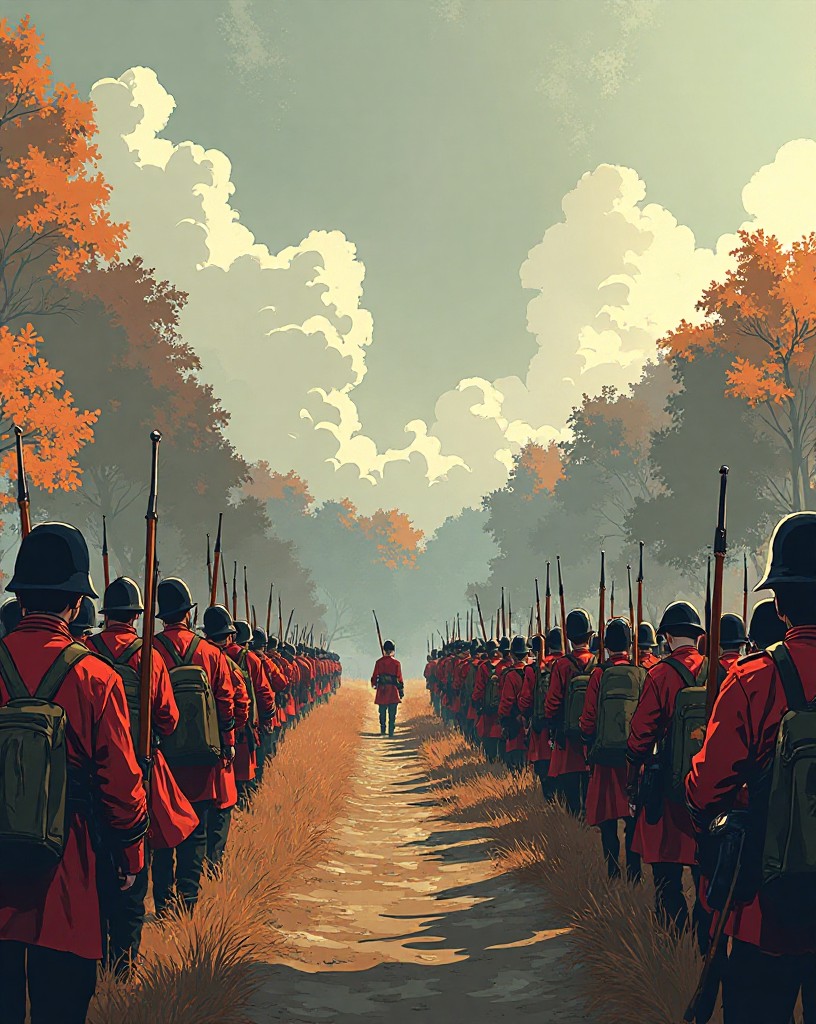 Thinning redcoat ranks advancing warily toward entrenched American lines.