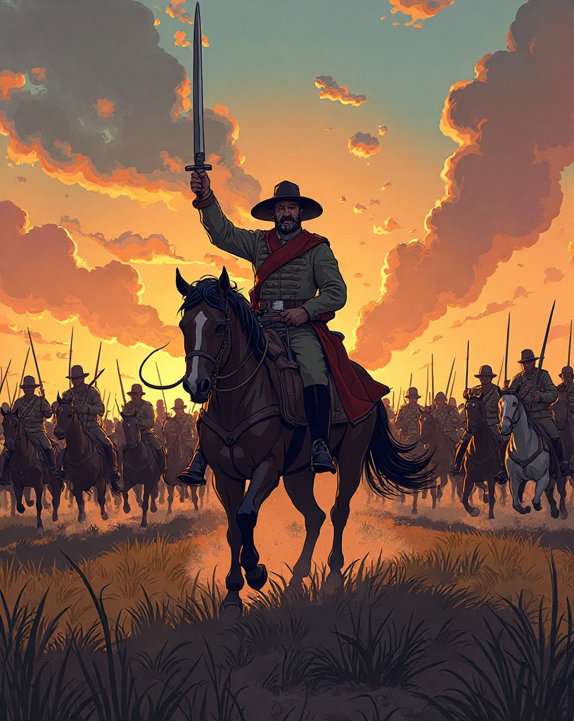 A mounted general with raised sword leading a furious American charge.