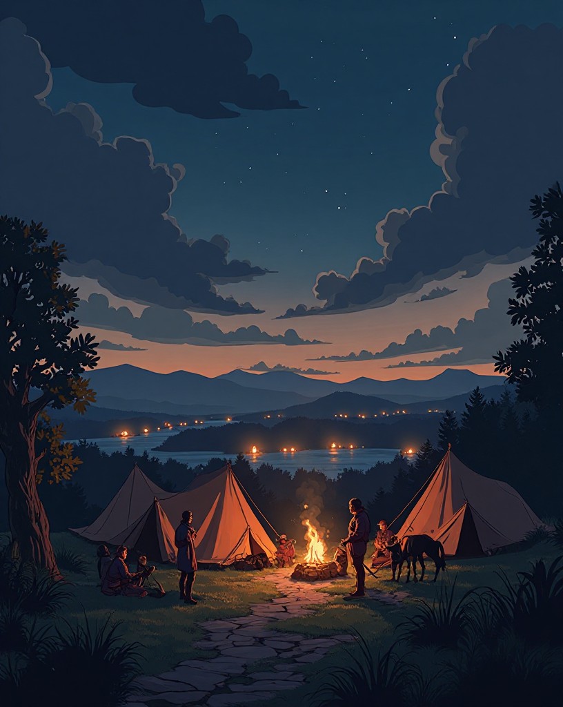 A British camp ringed by the distant campfires of a surrounding army at night.