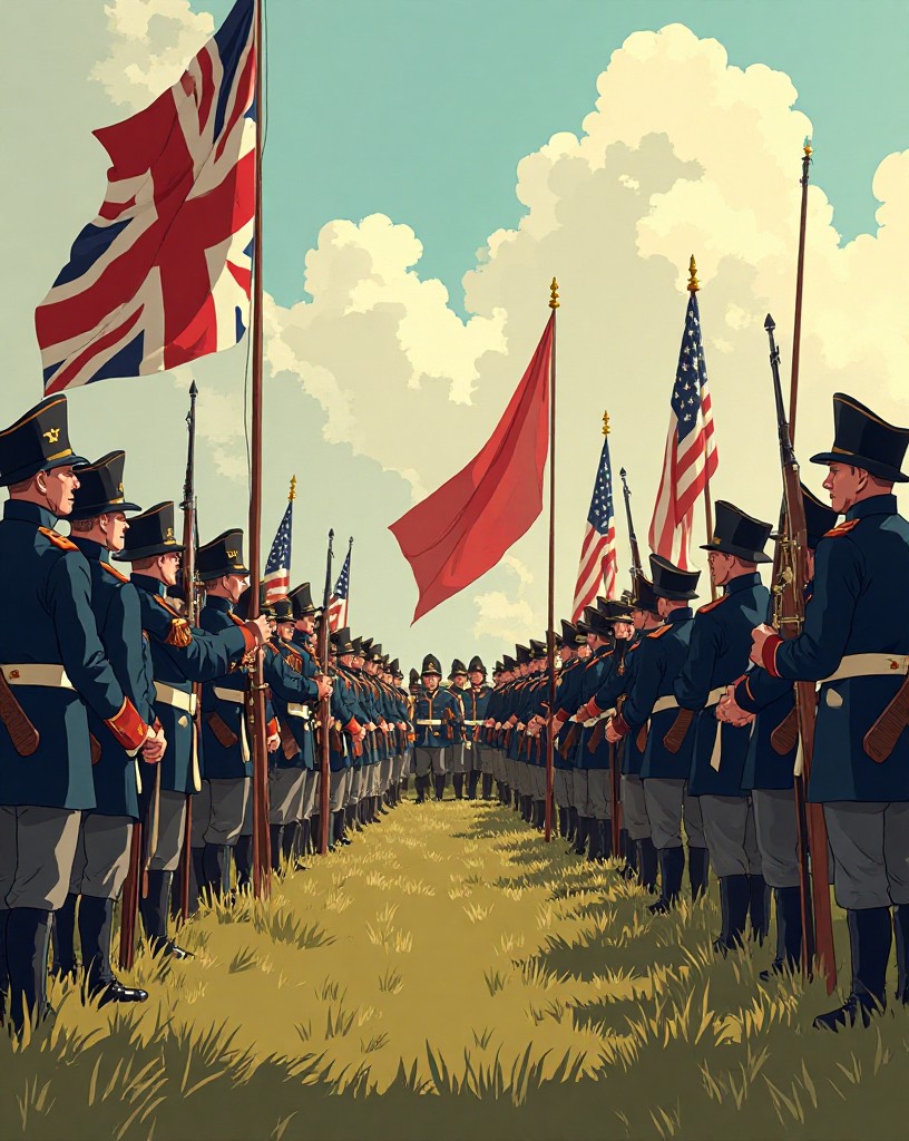 British officers laying down arms before American ranks in an open field.