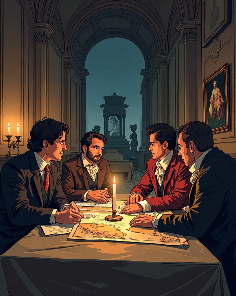 A European court reacting to a dispatch, maps of America on the table.