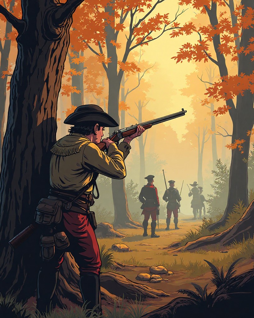 An American rifleman aiming from behind a tree in an autumn forest, cel-shaded comic art.