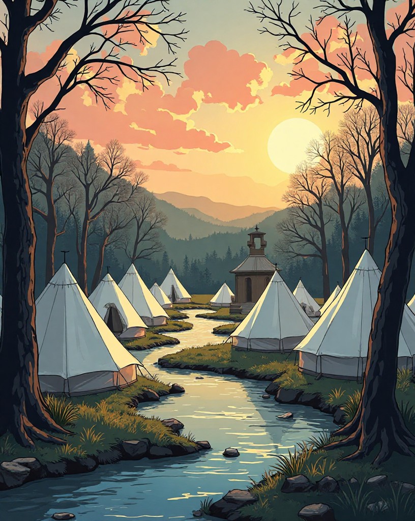 Rows of army tents in spring woods beside a river at dawn, a small church nearby.