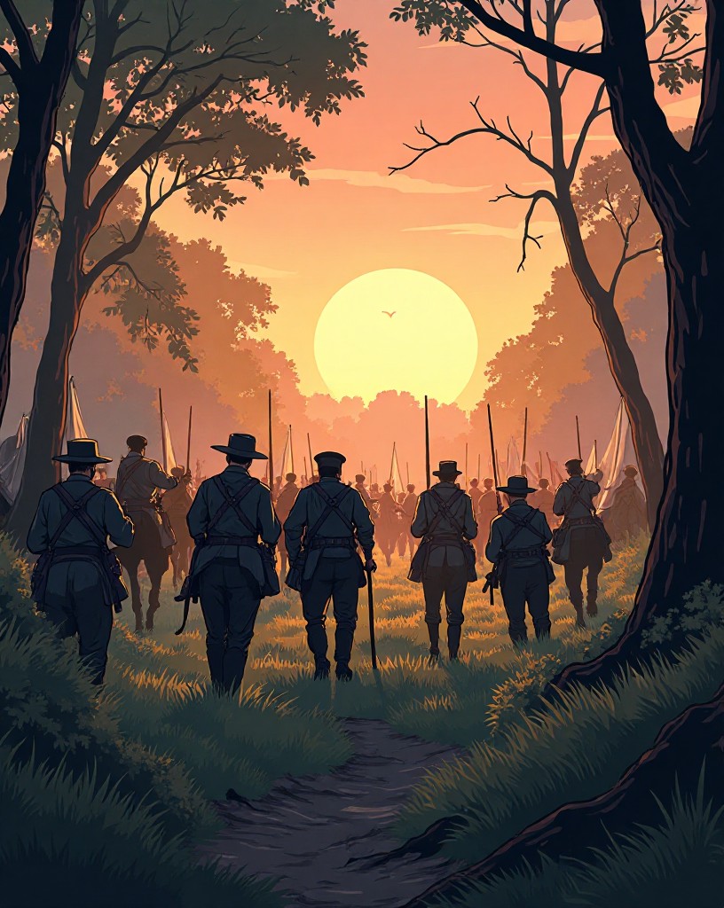Confederate lines charging out of the trees into a camp of tents at first light.
