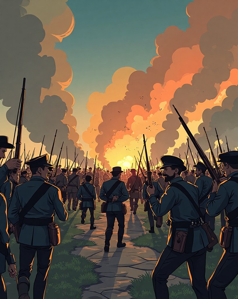Union soldiers falling back in disorder through their own camp under fire.