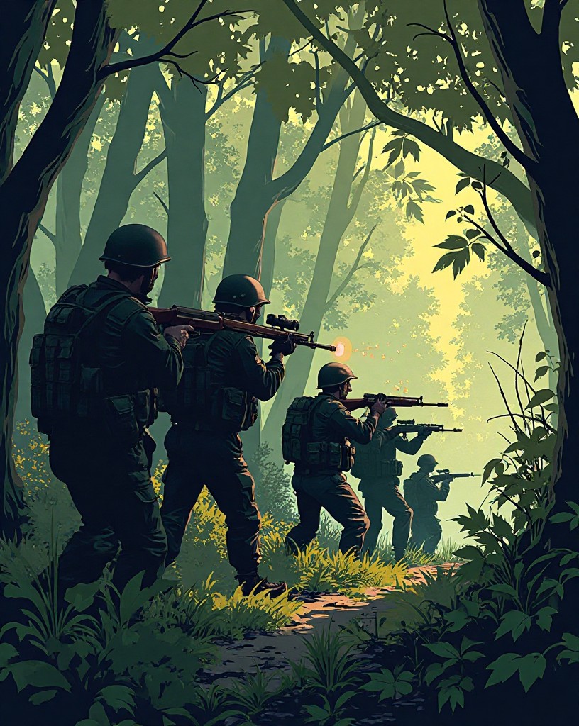 A line of soldiers firing from a dense thicket as bullets shred the branches.