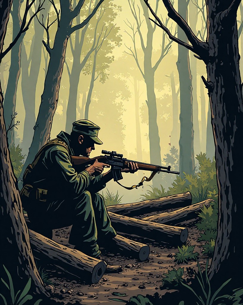 An officer steadying a ragged firing line behind logs in the woods.