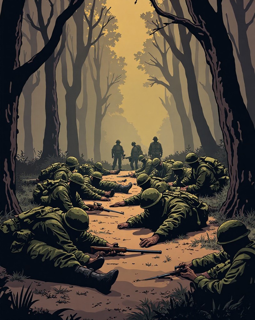 Exhausted surrounded soldiers laying down their rifles in a smoky wood.