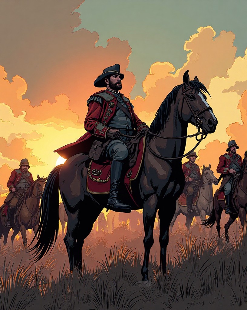A general slumping in his saddle on a battlefield as aides rush to him.