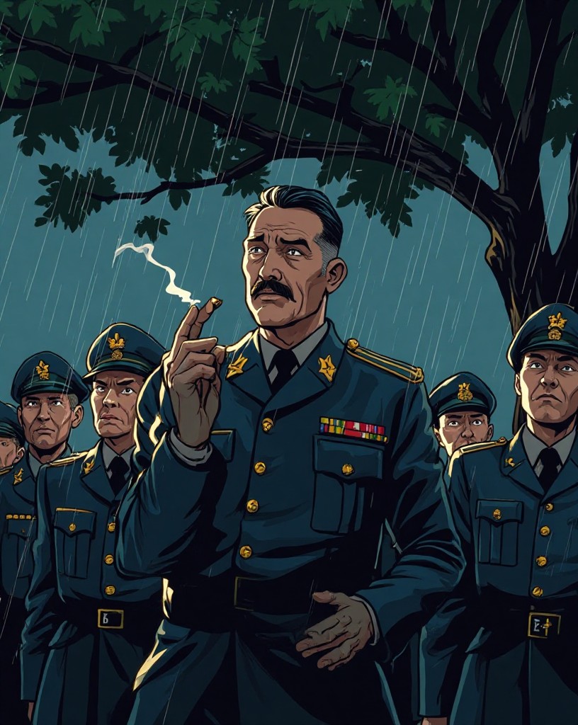 A calm general under a dripping tree in night rain, unshaken among worried officers.
