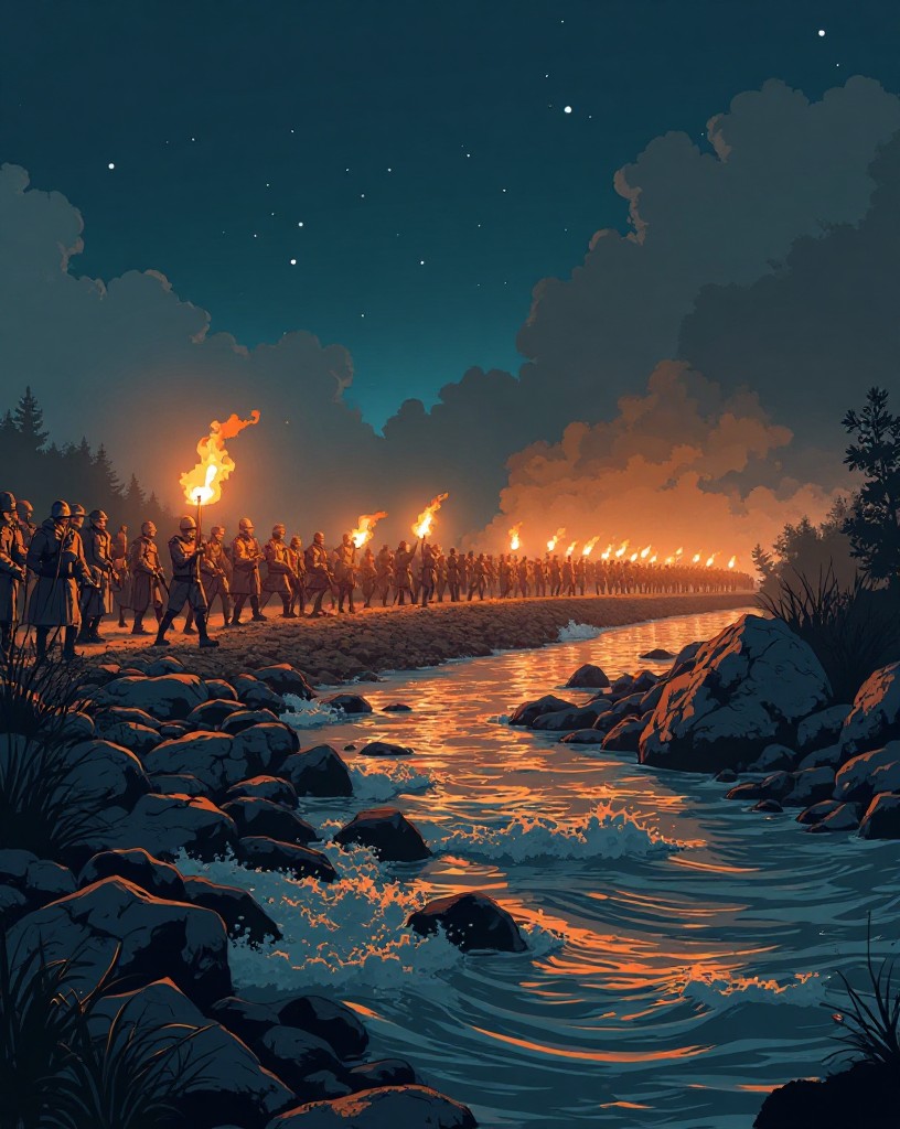 Columns of fresh troops crossing a river by torchlight onto the battlefield shore.