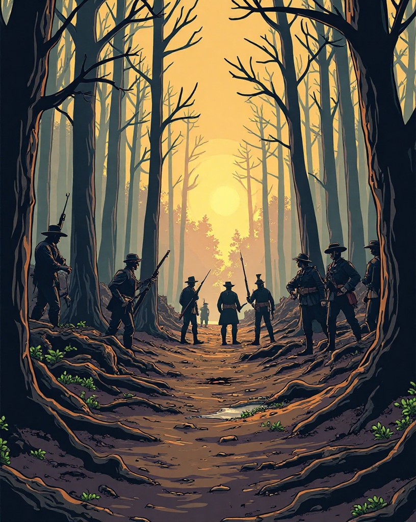 Union lines advancing through a ravaged wood, pushing the enemy back.