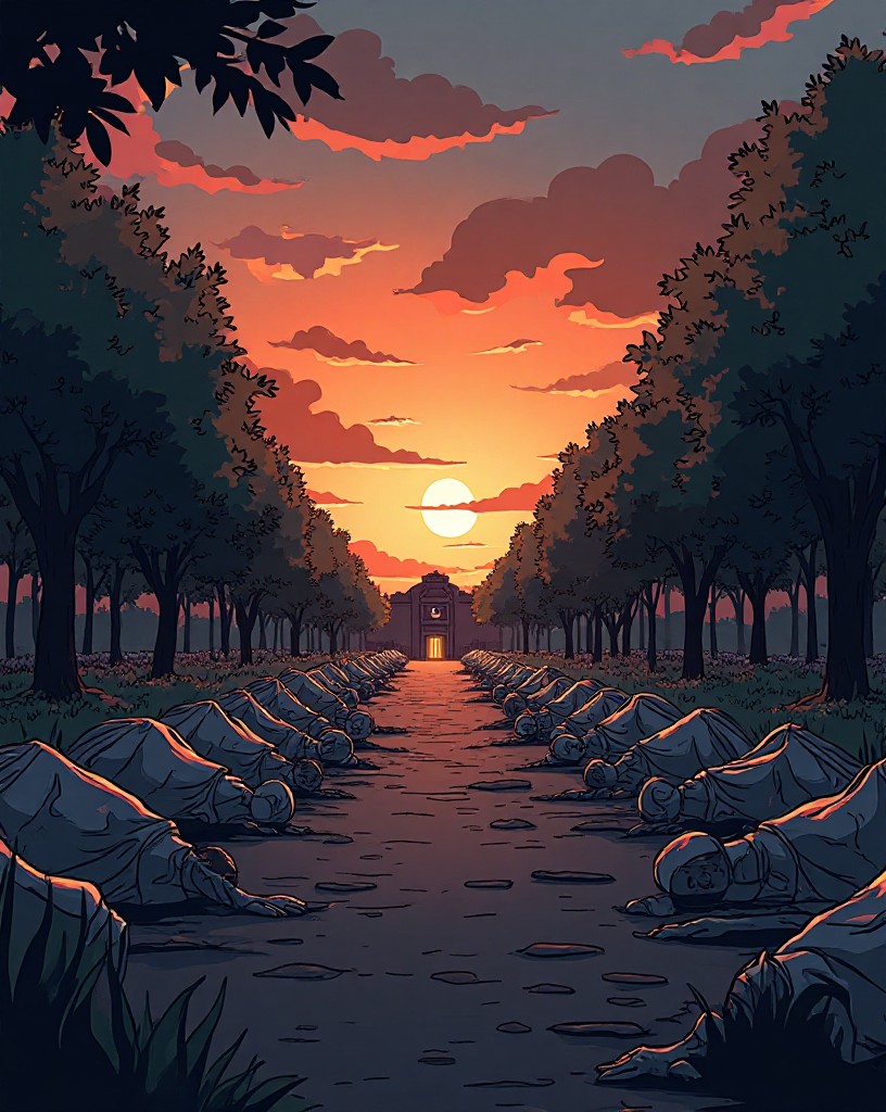 A vast field hospital and rows of wounded under trees at dusk.