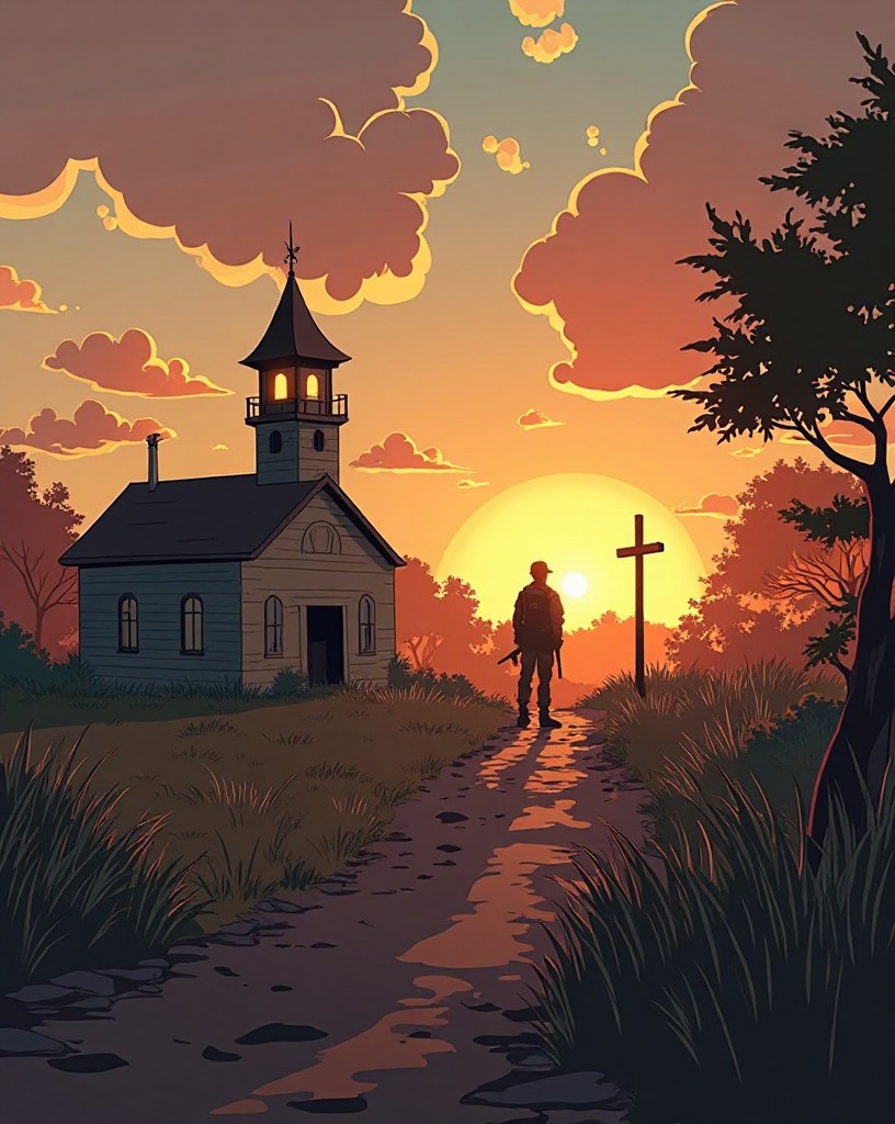 A lone soldier standing among the quiet aftermath at sunset by the church.