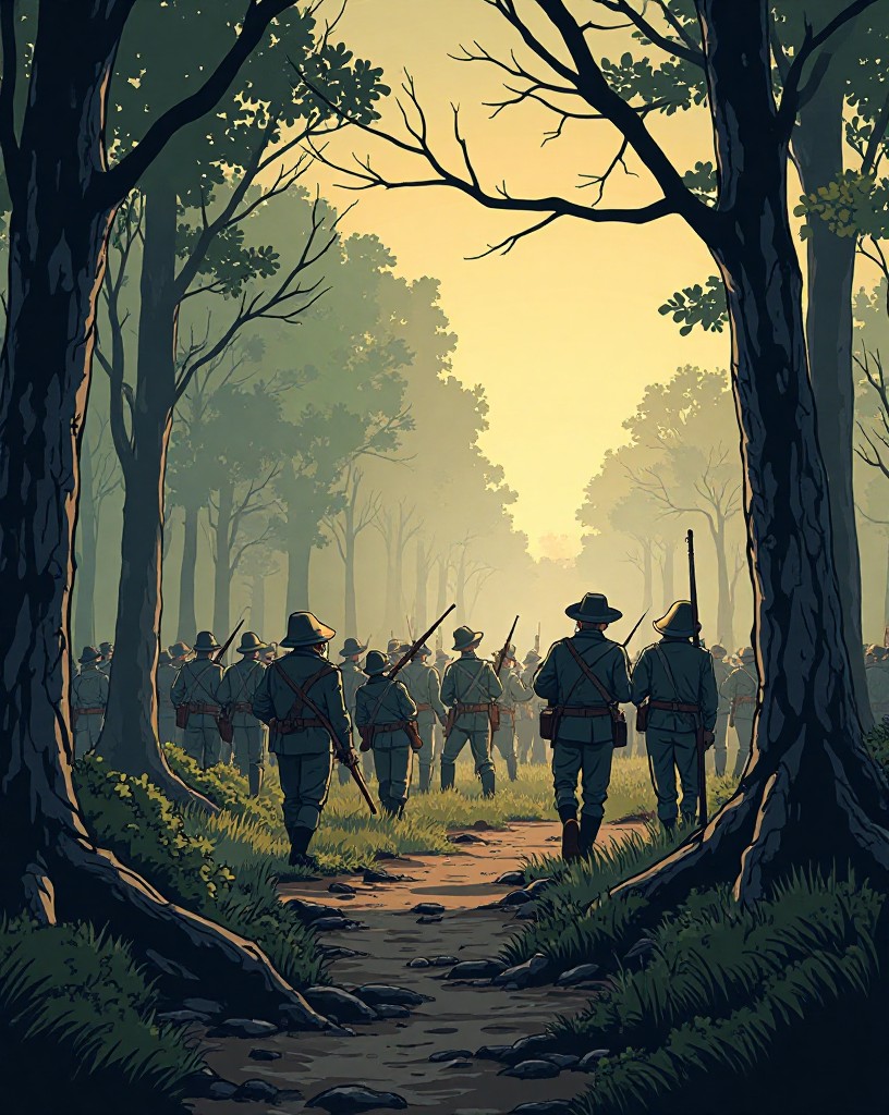 Union soldiers making a stand in a smoky thicket as Confederate lines charge, cel-shaded comic art.