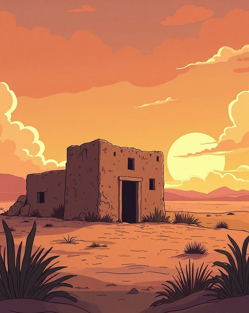 A weathered adobe mission compound with a few defenders on the walls at dawn.