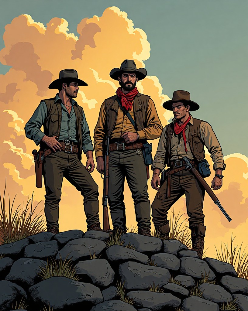 Three rugged frontier men standing together on a fort wall with rifles.