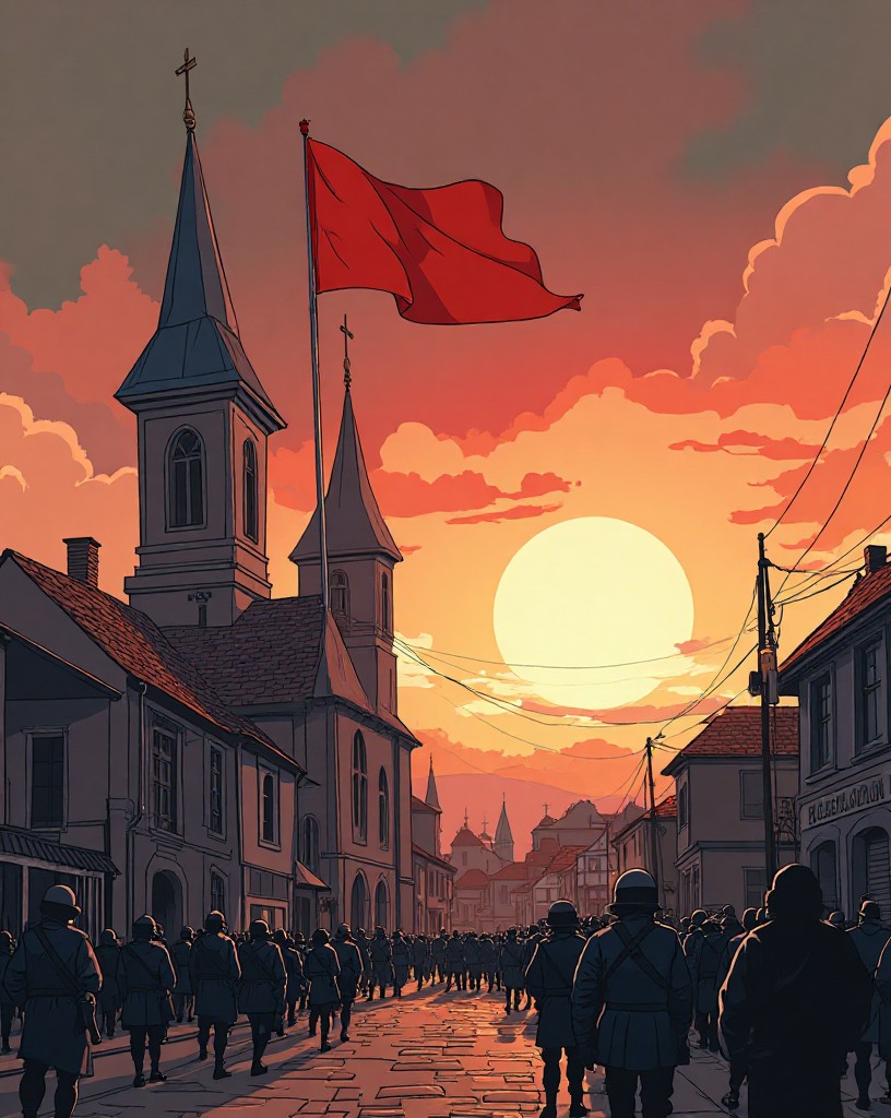 A blood-red flag raised over a church tower as massed troops fill the town.