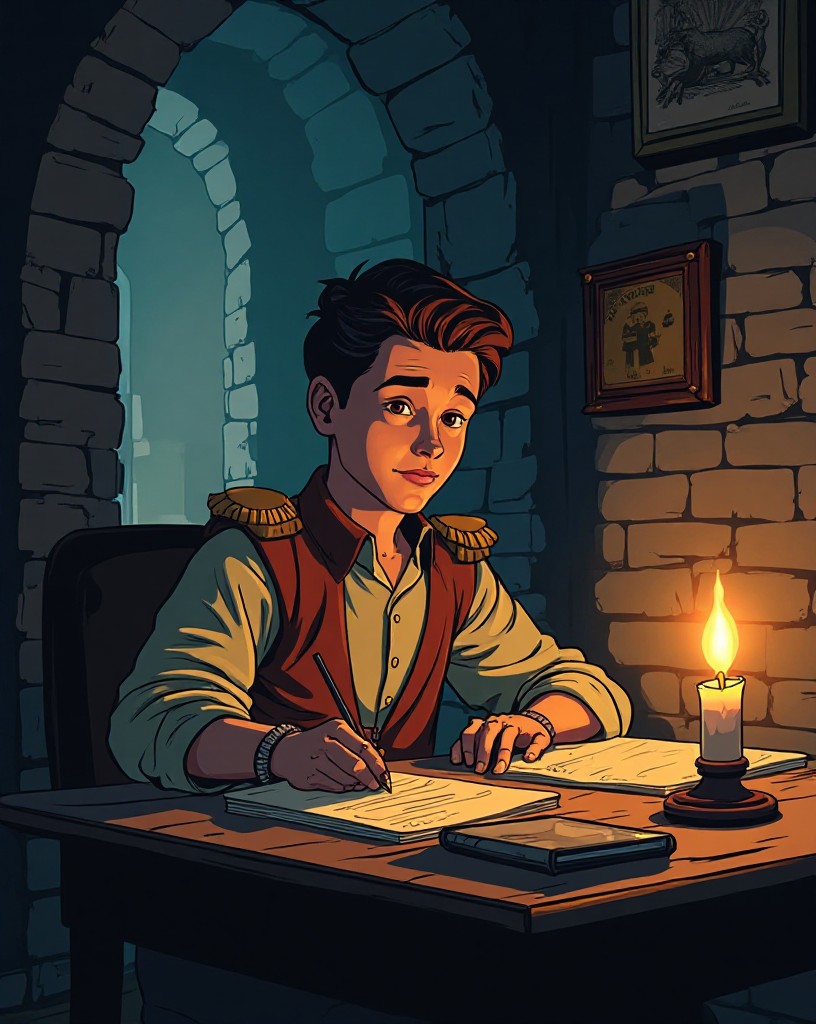 A young officer writing by candlelight inside the fort, resolute.