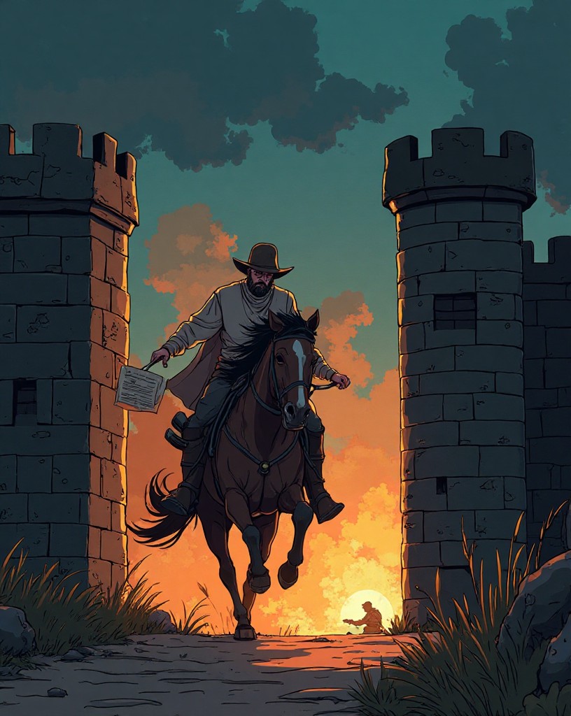 A rider galloping from the fort gate into the dark carrying a letter.