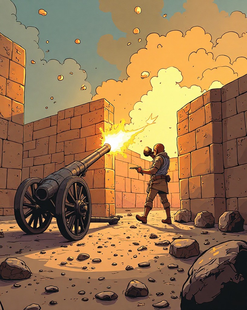 Cannon fire battering an adobe wall as defenders crouch behind it.