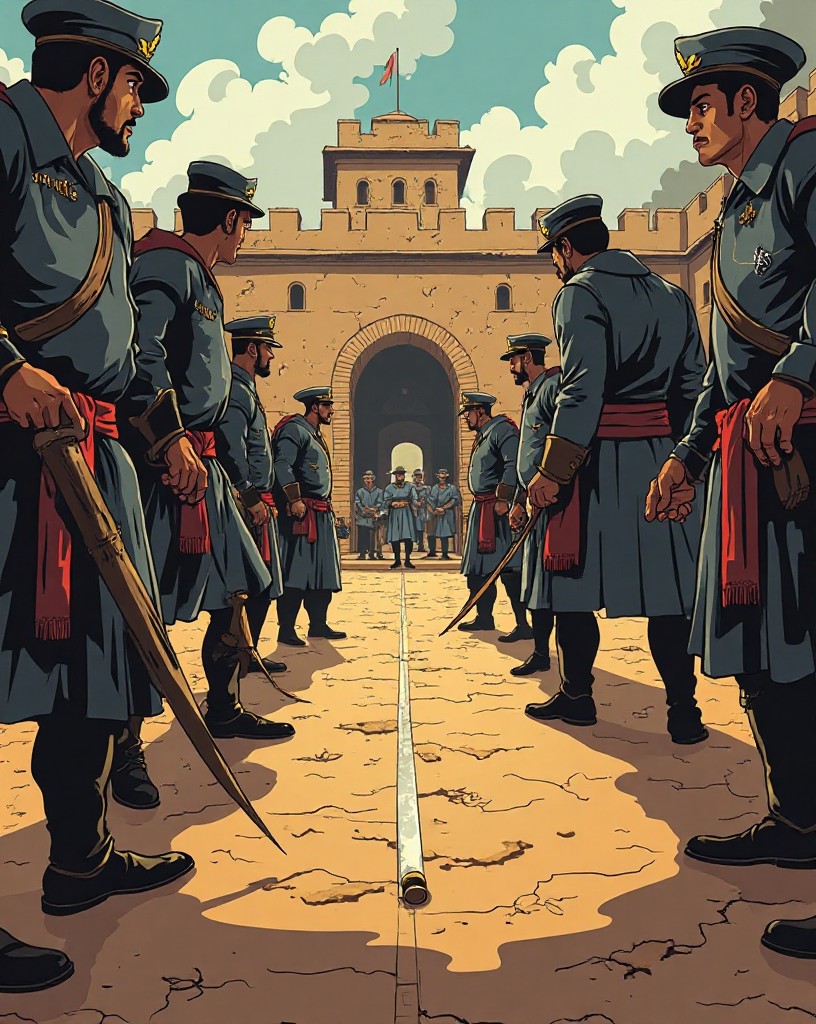 An officer drawing a line in the dirt as men step across it in the courtyard.