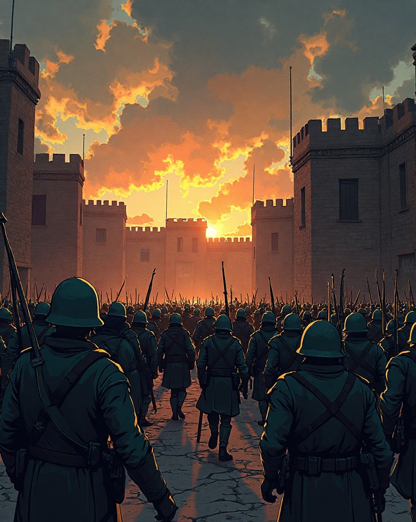 Dense columns of soldiers charging toward fort walls in pre-dawn darkness.