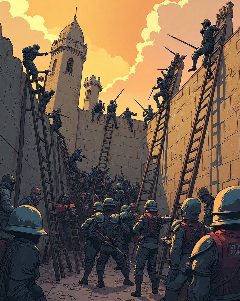 Attackers swarming up ladders onto a fort wall as defenders fight at the top.
