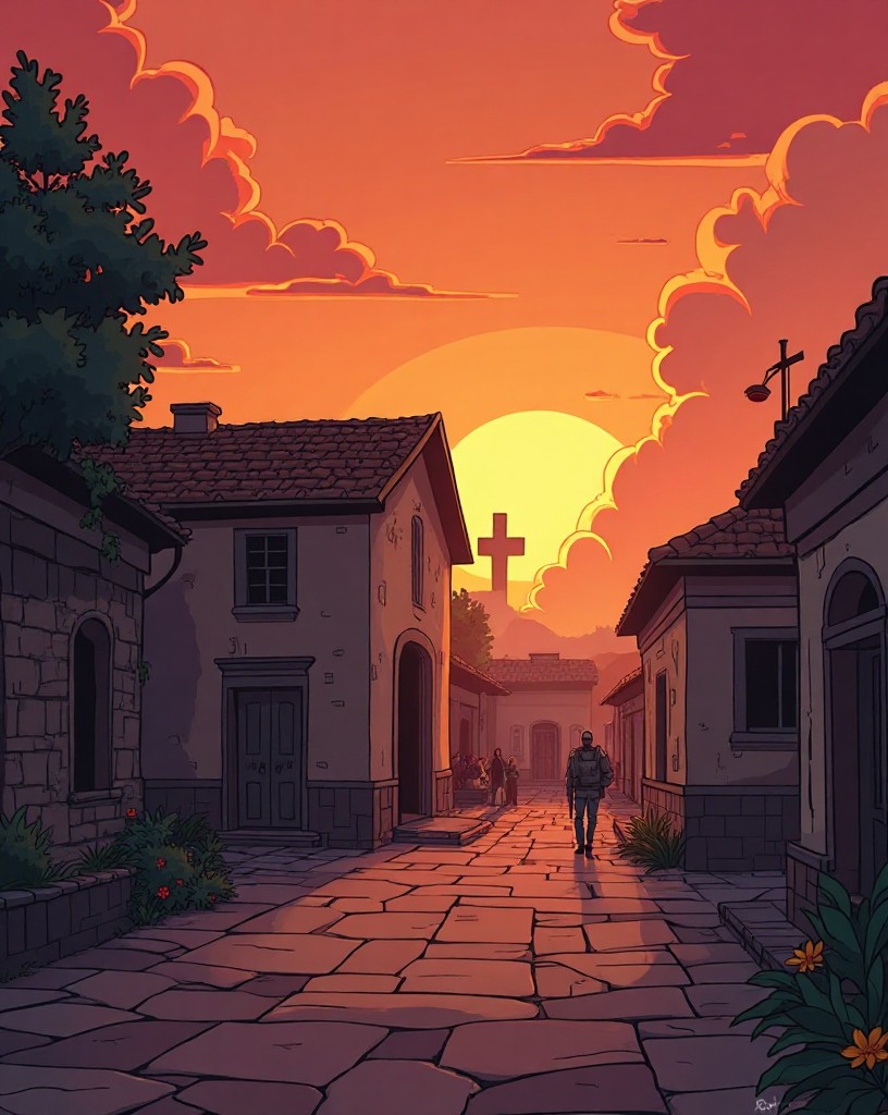 The quiet smoke-filled mission courtyard at sunrise after the battle.