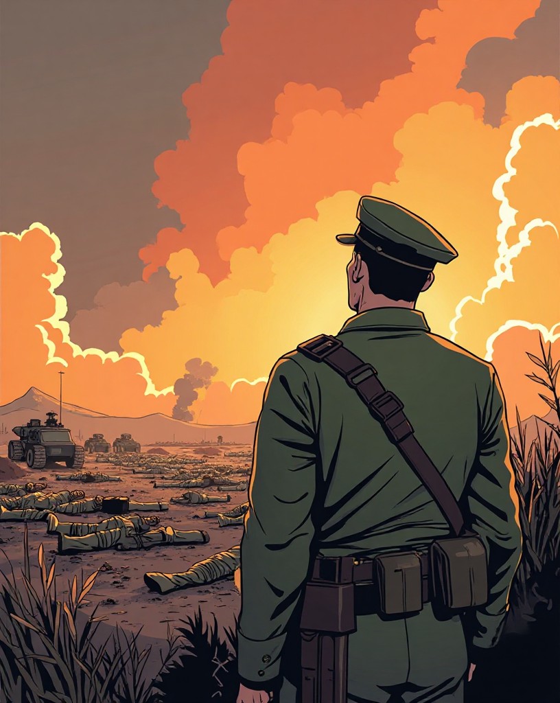 A general surveying the captured mission with rows of his own fallen.
