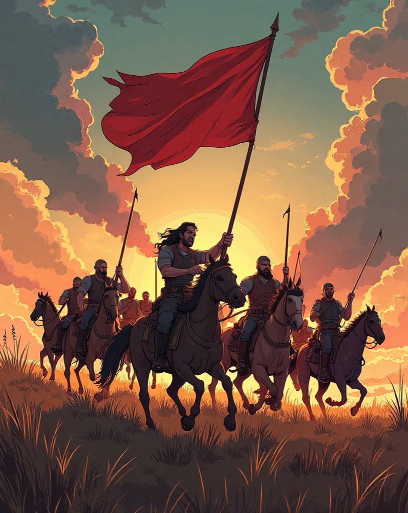 Texian soldiers charging across a field with a banner, fierce and triumphant.