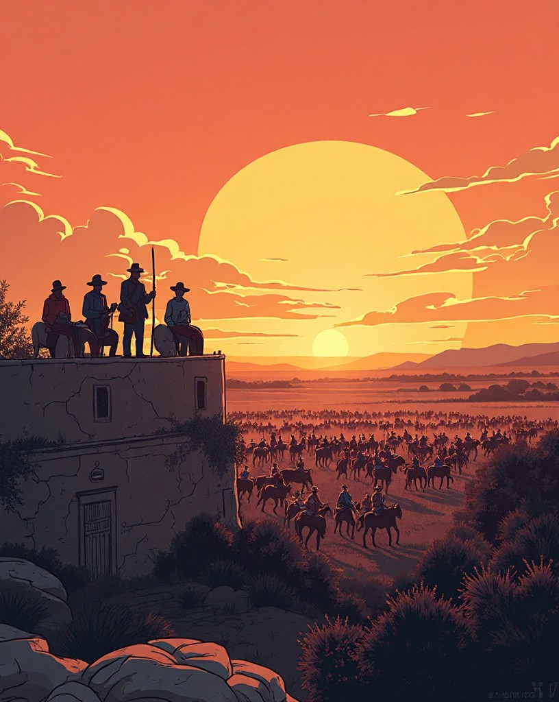 Texian defenders on a mission wall at dawn facing a vast army, cel-shaded comic art.