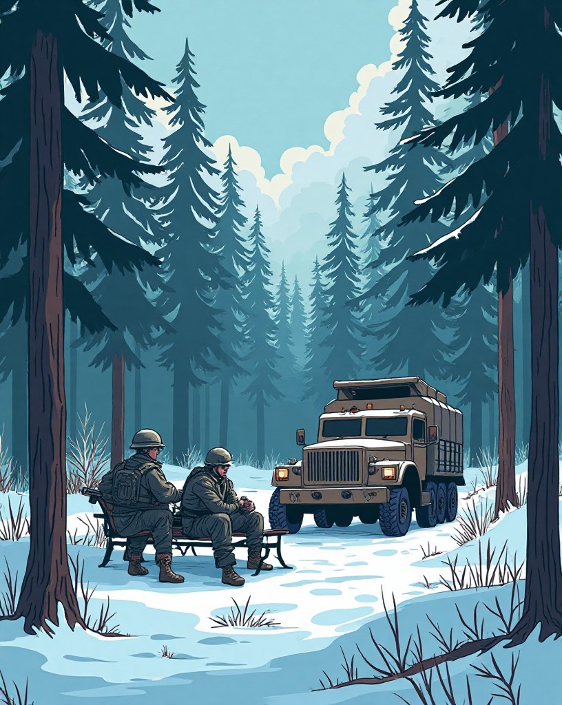 A snowy pine forest with American soldiers resting by a half-track.