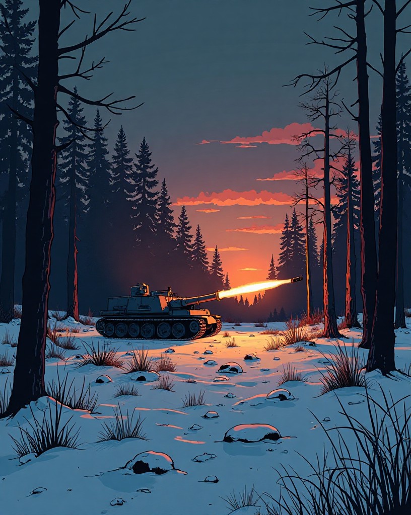 German artillery flashing along a dark forest horizon before dawn.