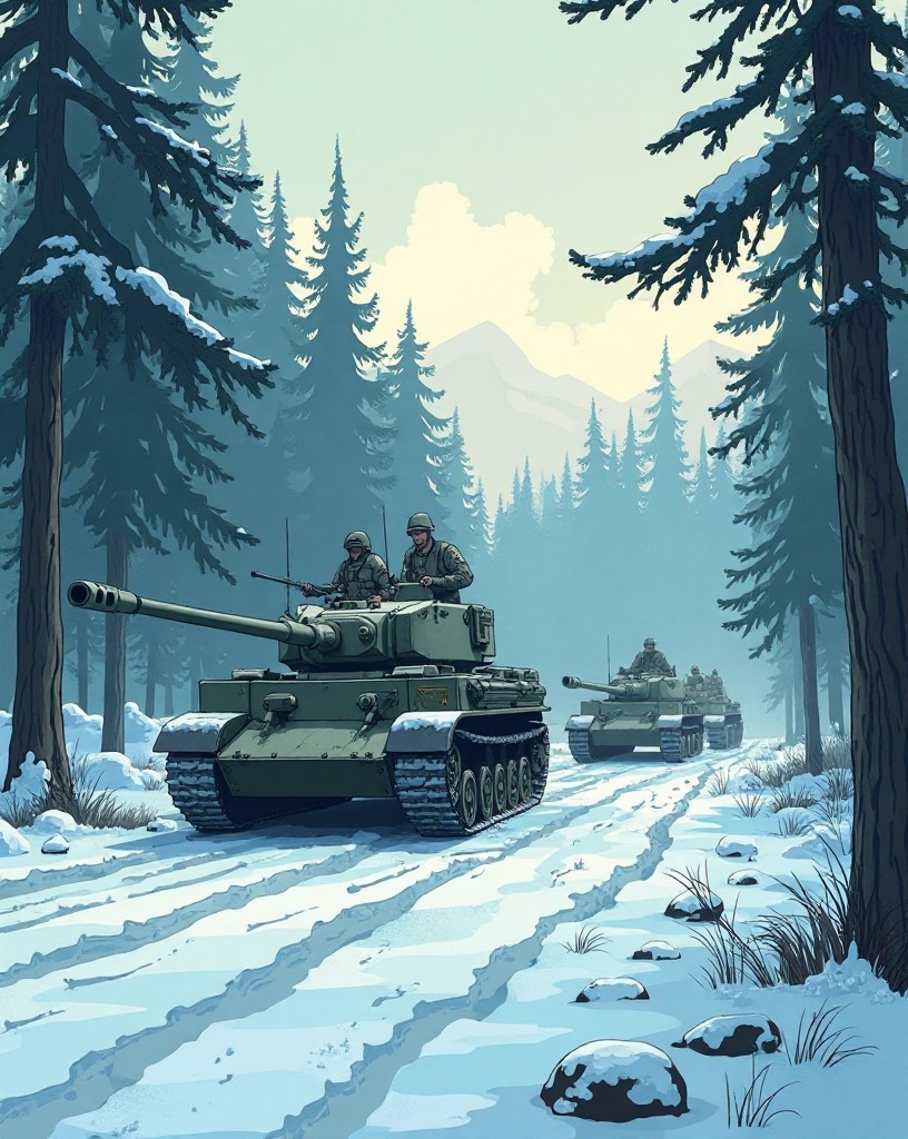 German tanks advancing through deep snow and fog between pine trees.