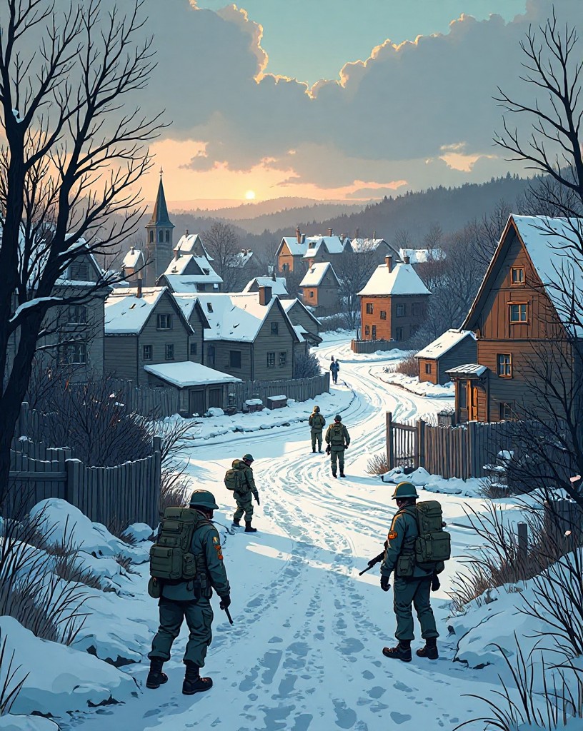 American soldiers digging in around a snowy crossroads town.