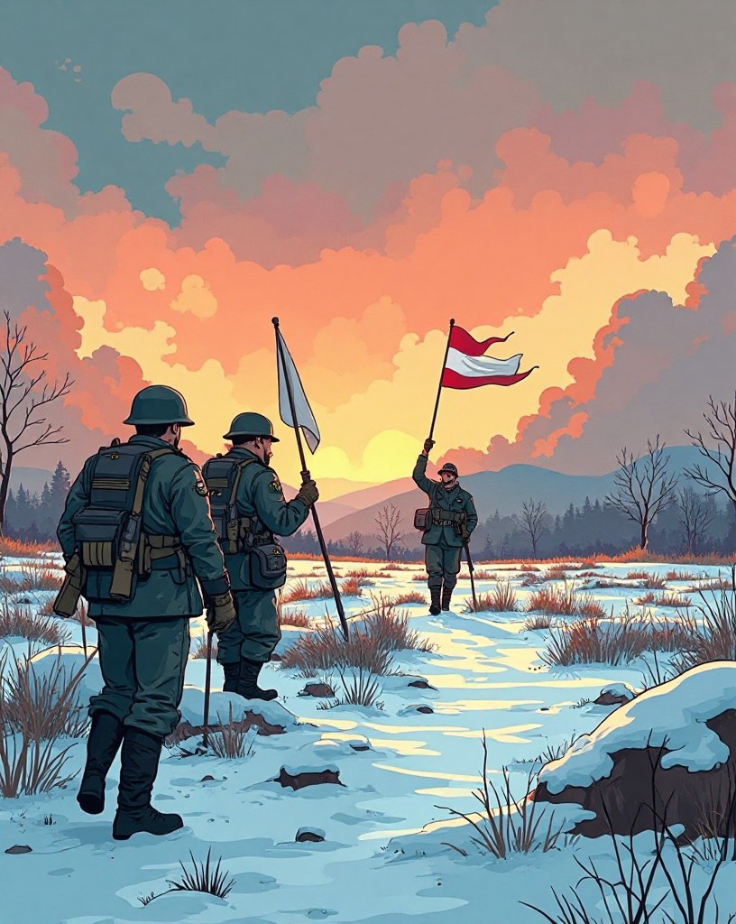 German officers with a white flag approaching the American line across snow.