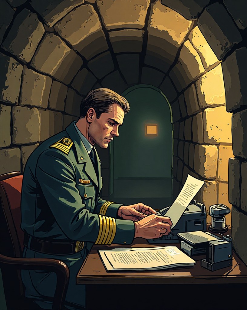 An American general handing a one-word reply to a runner in a cellar.