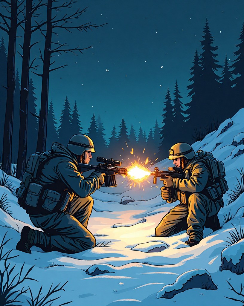 American soldiers firing from snowy foxholes at night against dark trees.