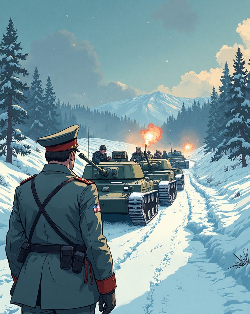 Columns of American tanks turning onto an icy winter road.