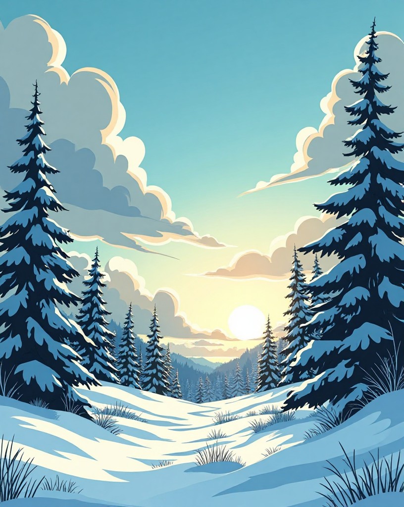 Grey clouds breaking to reveal blue sky over a snowy battlefield.