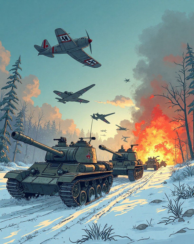 Fighter-bombers diving on a stalled German tank column on a snowy road.