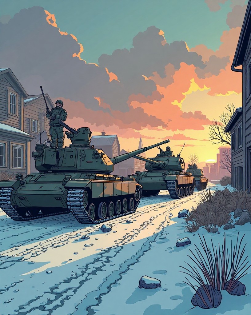 American tanks linking up with cheering defenders at a snowy town's edge.
