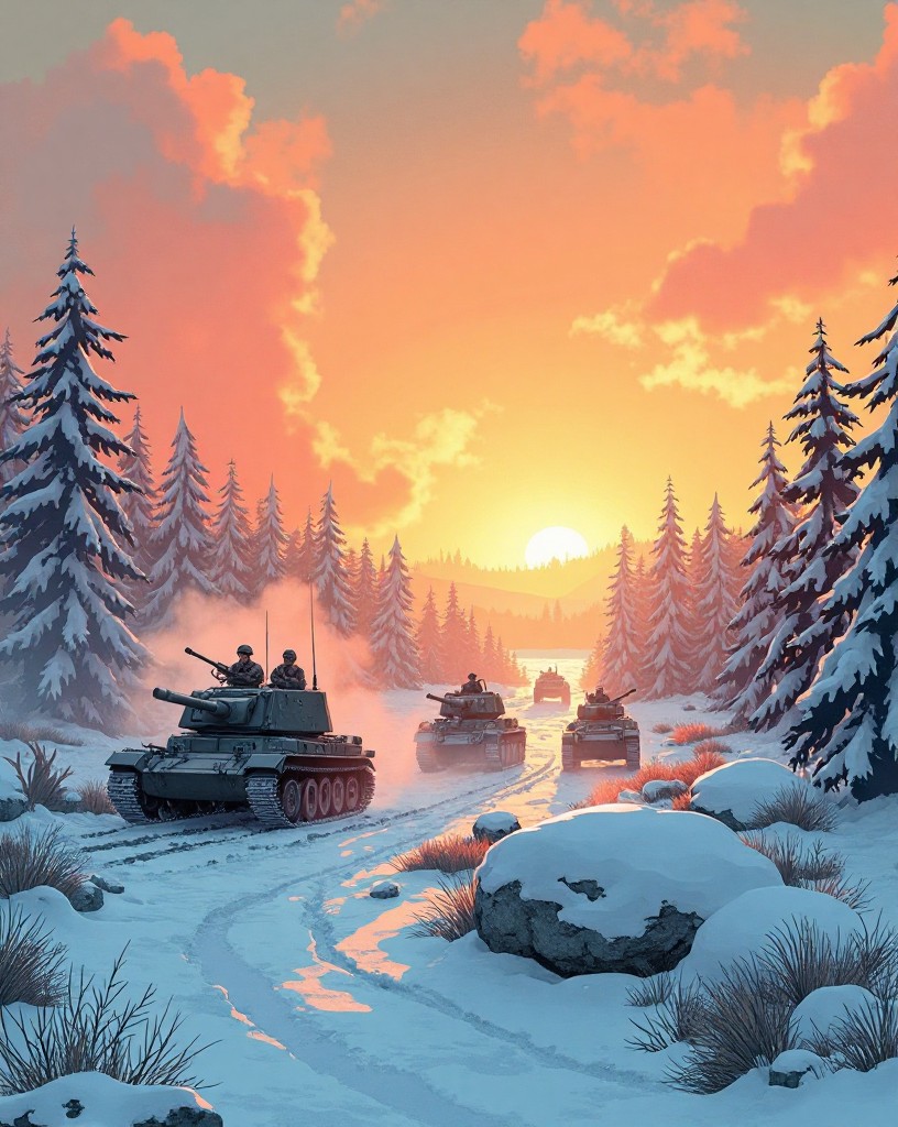 A quiet snowy battlefield at dawn dotted with wrecked tanks.