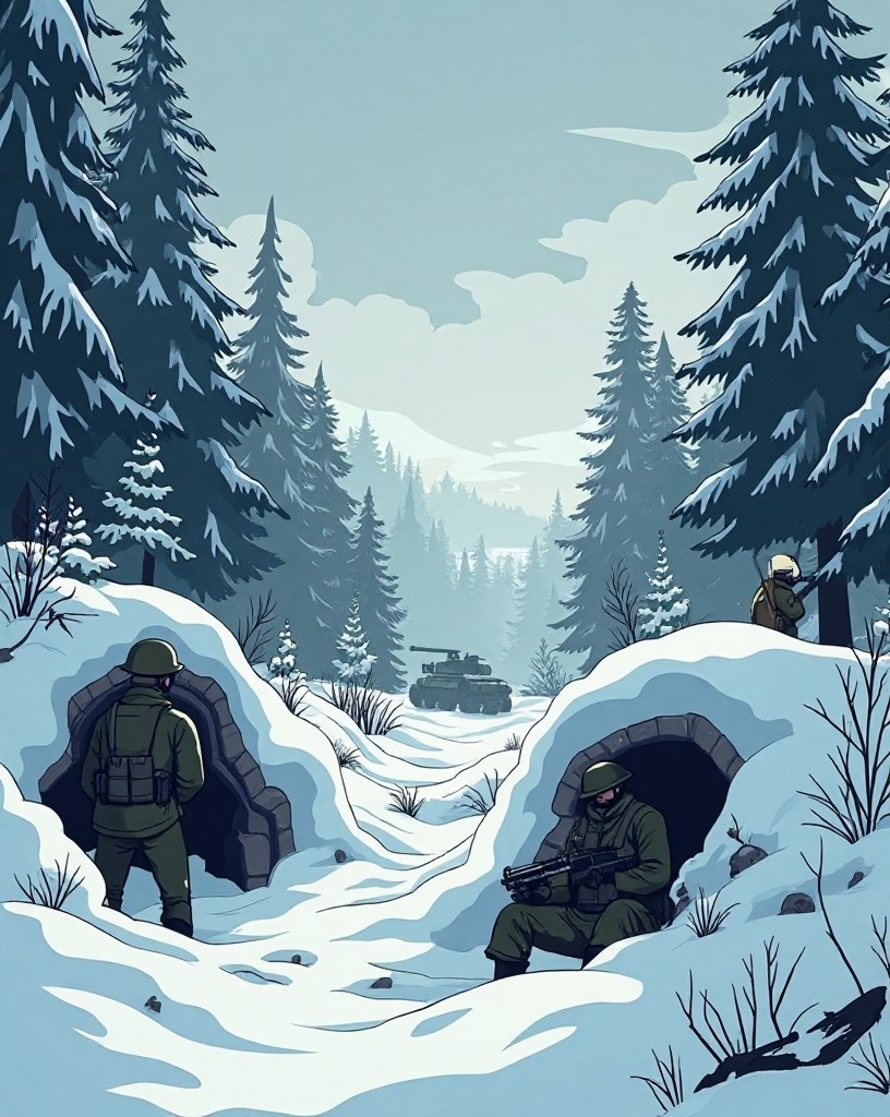 American soldiers in snowy foxholes in a frozen pine forest with distant tanks, cel-shaded comic art.