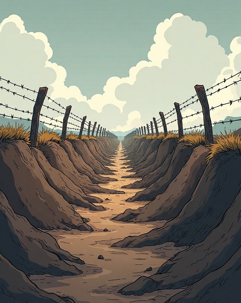 Endless zigzag trenches and barbed wire across a scarred muddy landscape.