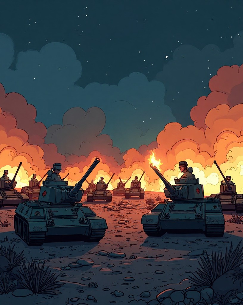 Rows of heavy artillery firing in unison at night, the horizon lit by flashes.