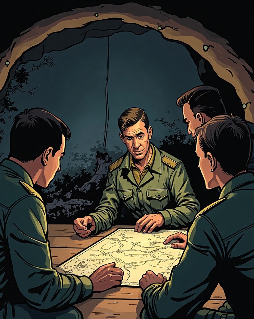 A confident senior officer briefing junior officers over a map in a dugout.